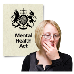 A photo of a woman who is stroking her chin. She looks deep in thought. There is a picture of a document behind her. The document says Mental Health Act.